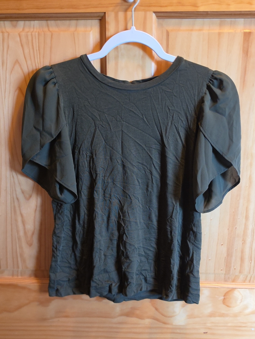 Michael Kors Olive Green Puff-Sleeve Crew Neck Top